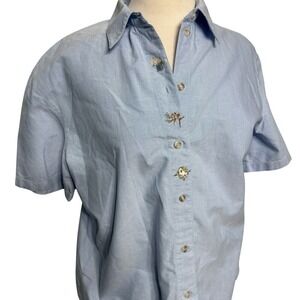 Blue Button Down Embroidered Nature Detail Cotton Short Sleeve Cottagecore‎ Boho